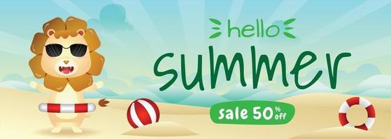 summer sale banner with a cute lion using lifebuoy ring vector