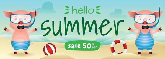 summer sale banner with a cute pig couple using snorkeling costume in beach vector