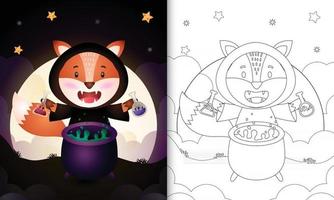 coloring book with a cute fox using costume witch halloween vector