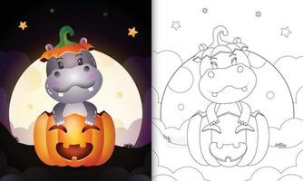 libro para colorear con un lindo hipopótamo en la calabaza de halloween vector