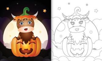 coloring book with a cute buffalo in the halloween pumpkin vector