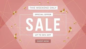 Fashion sale banner design background with gold ribbon promo offer text. Abstract banner template design on pink background. vector