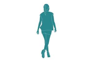 Ilustración vectorial de mujer casual caminando por la calle lateral, estilo plano con contorno vector