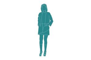 Ilustración vectorial de mujer de moda en la calle lateral con sudadera con capucha, estilo plano con contorno vector
