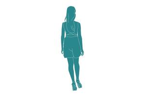 Vector illustration of casual woman on the sideroad looks from behind, Flat style with outline