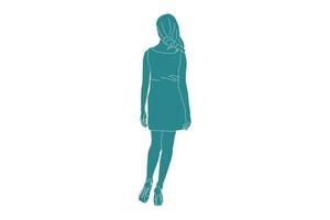 Ilustración vectorial de mujer elegante posando con mini vestido se ve desde atrás, estilo plano con contorno vector