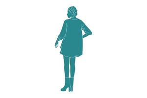 Ilustración vectorial de mujer elegante posando con mini vestido, estilo plano con contorno vector