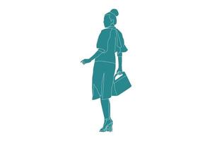 ilustración vectorial de mujer casual posando con bolso, estilo plano con contorno vector