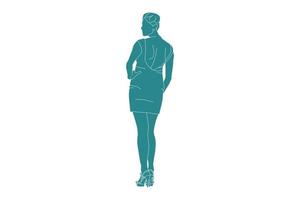 Ilustración vectorial de mujer elegante posando en un mini vestido, estilo plano con contorno vector