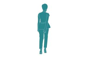 Vector illustration of casual woman walking looks from behind, Flat style with outline