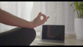 vue arrière arrière jeune femme mince sportive assise jambes croisées sur un tapis coach vidéo internet entraînement en ligne formation cours de yoga avec ordinateur portable à la maison posant lotus, ajustement concept de mode de vie sain video