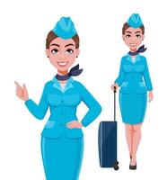 Stewardess in blue uniform, set of two poses vector