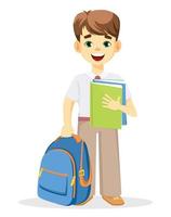 Schoolboy with backpack and textbook. vector