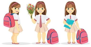 colegiala con mochila, ramo de flores y libro de texto vector