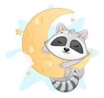 lindo mapache durmiendo en la luna vector