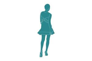 Vector illustration of elegant woman walking looks from behind, Flat style with outline