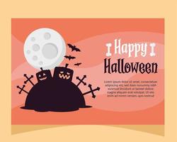 happy halloween lettering card with pumpkins in cemetery vector