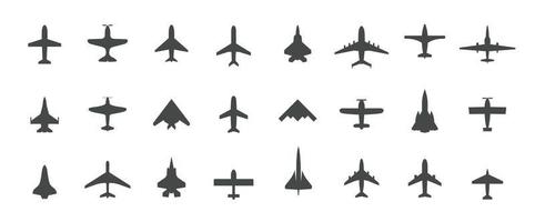 Set of jet plane, top view icons. Black silhouette airplanes, jets, airliners and retro planes. Isolated vector illustration.