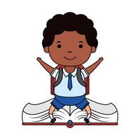cute little afro student boy seated in book character vector