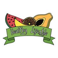 healthy life style ribbon with lettering and set icons vector