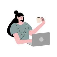 mujer joven, bebida, café, y, utilizar la computadora portátil vector