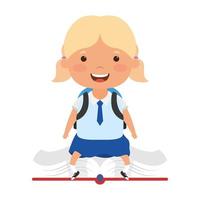 cute little student blond girl seated in book character vector