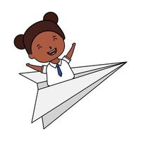 linda estudiante niña afro con avión de papel vector