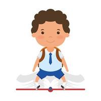 cute little student boy seated in book character vector