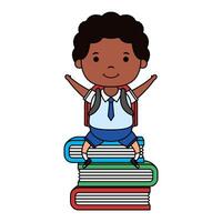 afro little student boy seated in books character vector