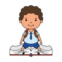 cute little student boy seated in book character vector