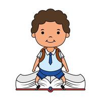 cute little student boy seated in book character vector