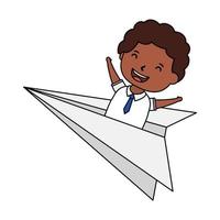 cute little student afro boy in paper airplane vector