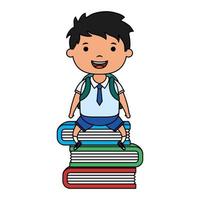 lindo niño pequeño estudiante sentado en el personaje de libros vector