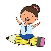 cute little student girl seated in pencil character vector