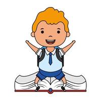 cute blond student boy seated in book character vector