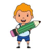 cute little blond student boy with pencil character vector