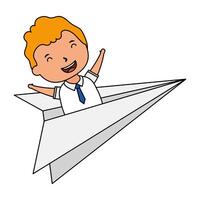 cute blond student boy in paper airplane vector