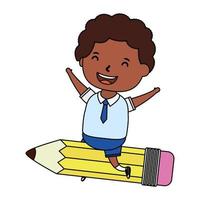 cute little afro student boy with seated in pencil vector