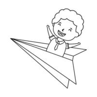 cute little student boy in paper airplane vector