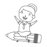 cute little student girl seated in pencil character vector