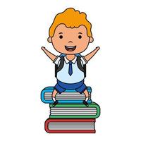 cute blond student boy seated in books character vector