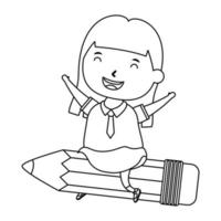 cute little student girl seated in pencil character vector