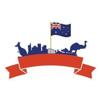 Bandera del país australiano en la pole con animales y monumentos. vector