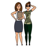 mujer joven, con, militar, ropa, y, mujer de negocios vector