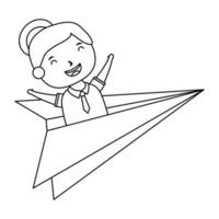 linda niña estudiante con avión de papel vector
