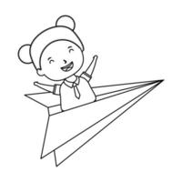 cute little student girl with paper airplane vector