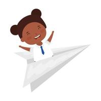 linda estudiante niña afro con avión de papel vector