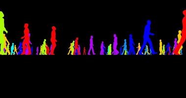 Colored silhouettes of a crowd of people on a black background video