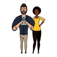 young man with afro woman characters vector