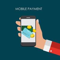 Hand with Abstract Phone and Mobile Payment Concept. Template in Modern Flat Style Vector Illustration